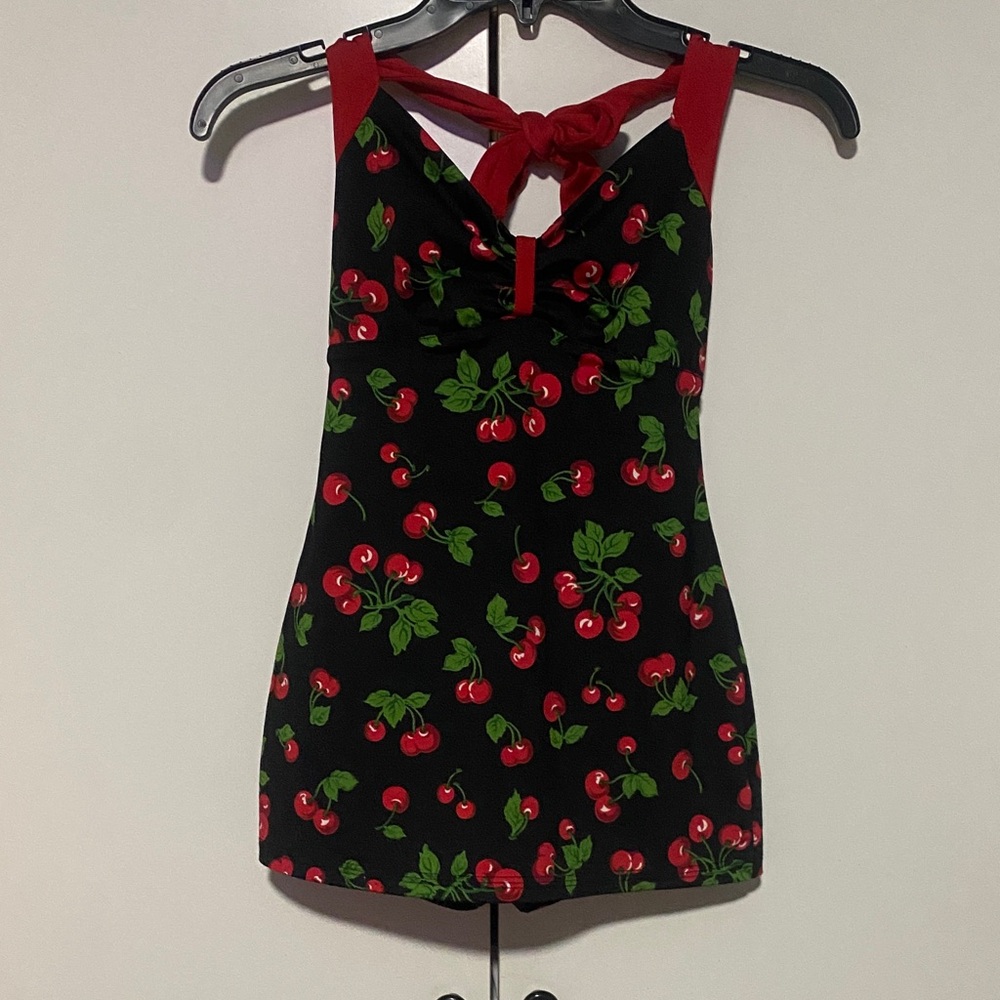 Cherry Print Black and Red Halter Top One Piece Swimsuit